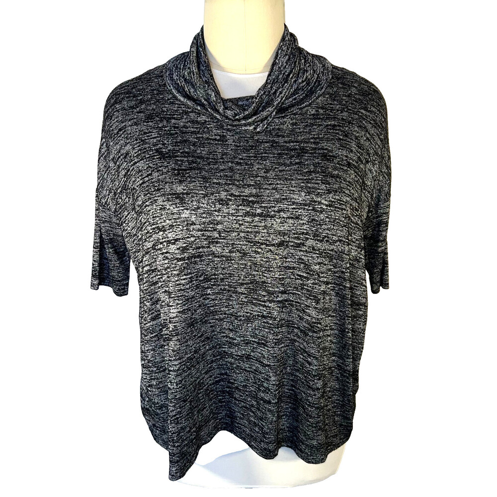 Ann Taylor - Mock Neck Sweater Women's L/XL Black Gray Heather Short Dolman Slve